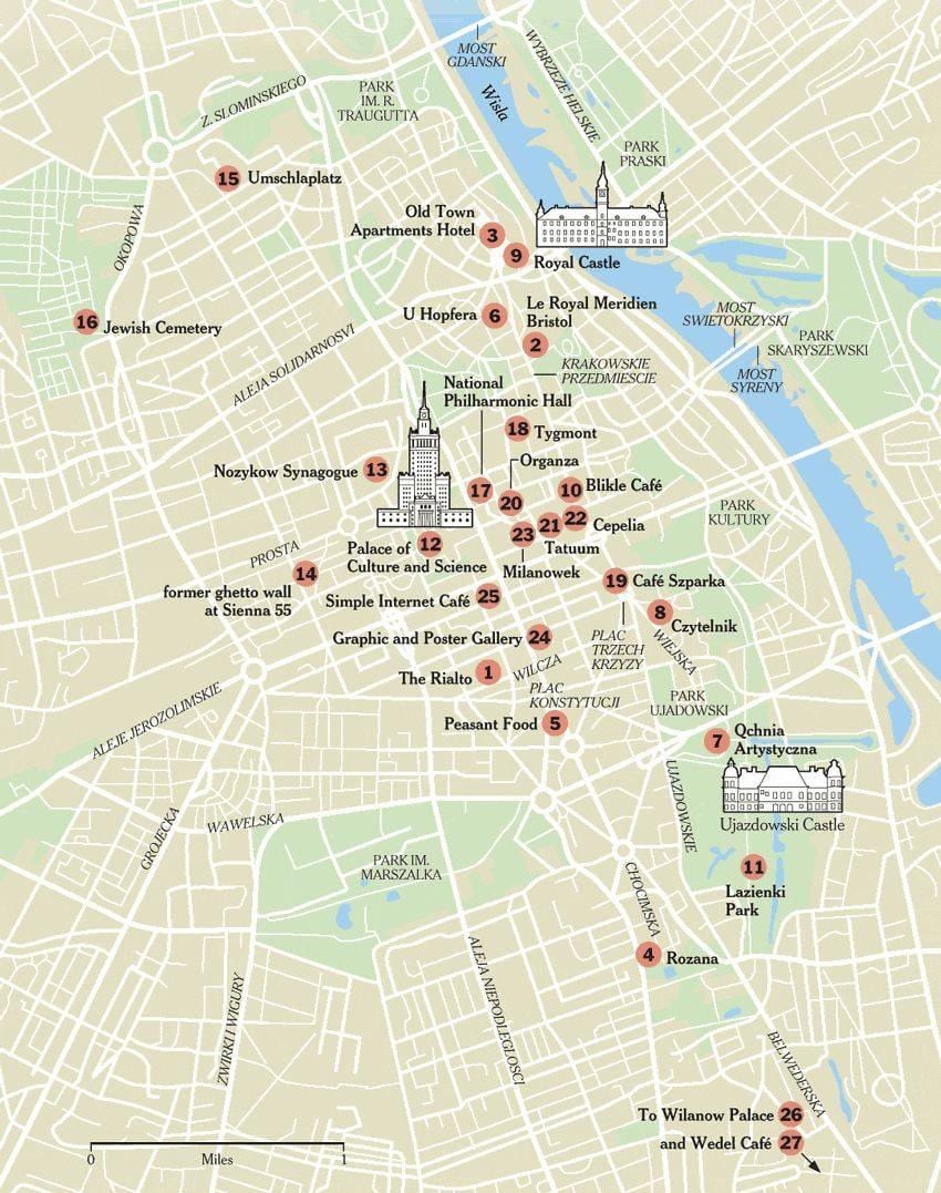 zemljevid Varšavi z turističnih znamenitosti.