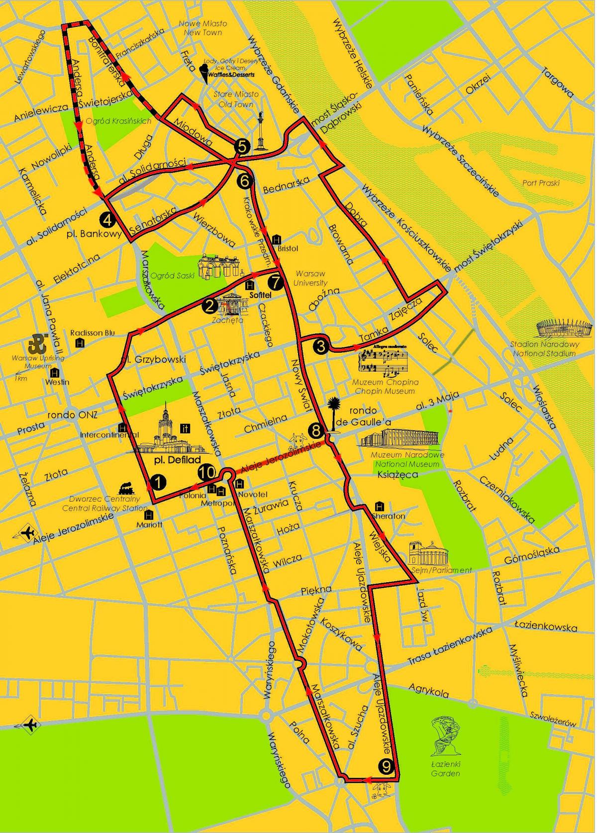Zemljevid Varšavi hop on hop off avtobusom 
